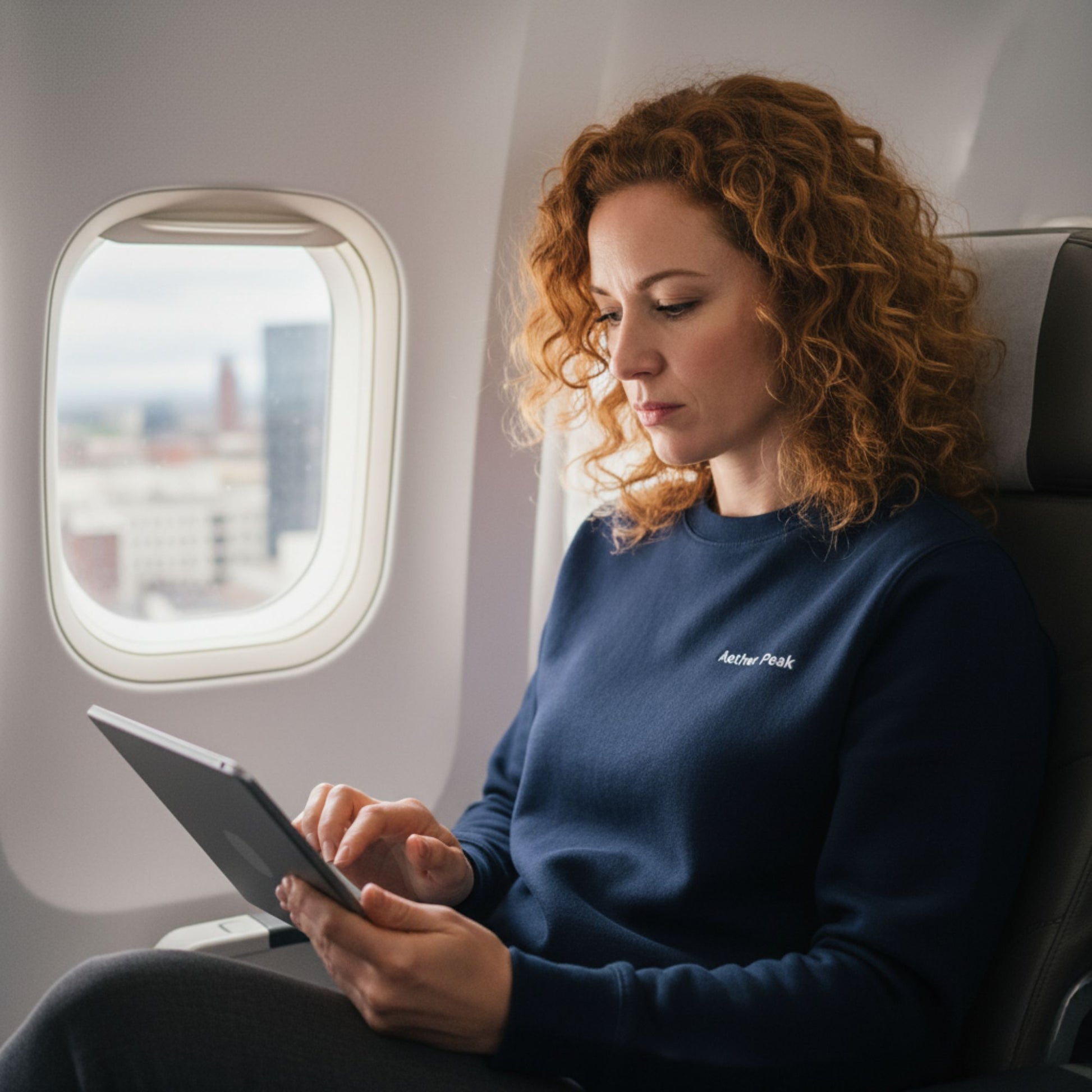 A woman wearing a French Navy Aether Peak sweatshirt, sitting on an airplane, using a tablet with a cityscape visible through the window.