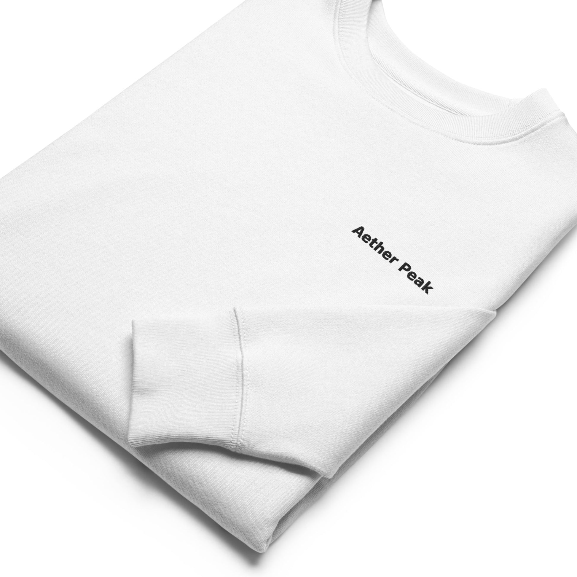 White sweatshirt with 'Aether Peak' logo on a white background