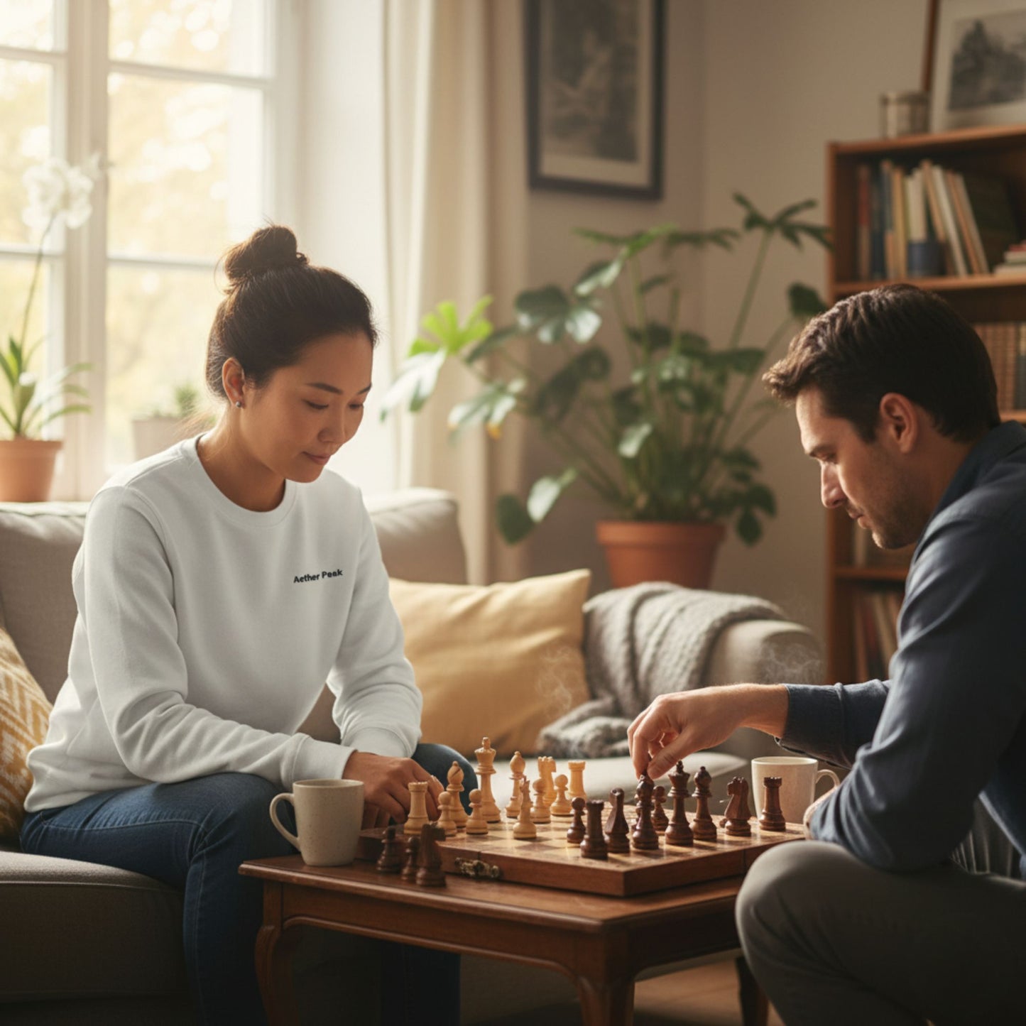 Two people playing chess in a cozy living room with plants and books.
