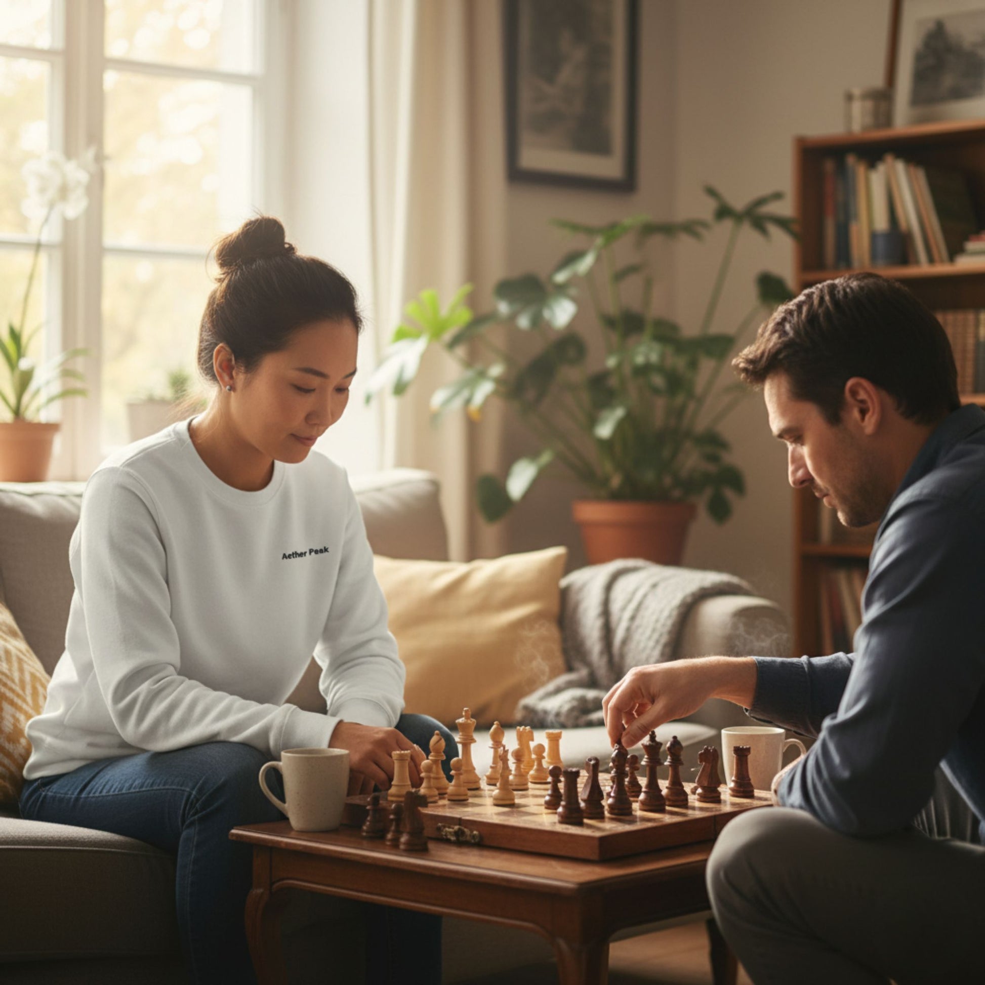 Two people playing chess in a cozy living room with plants and books.