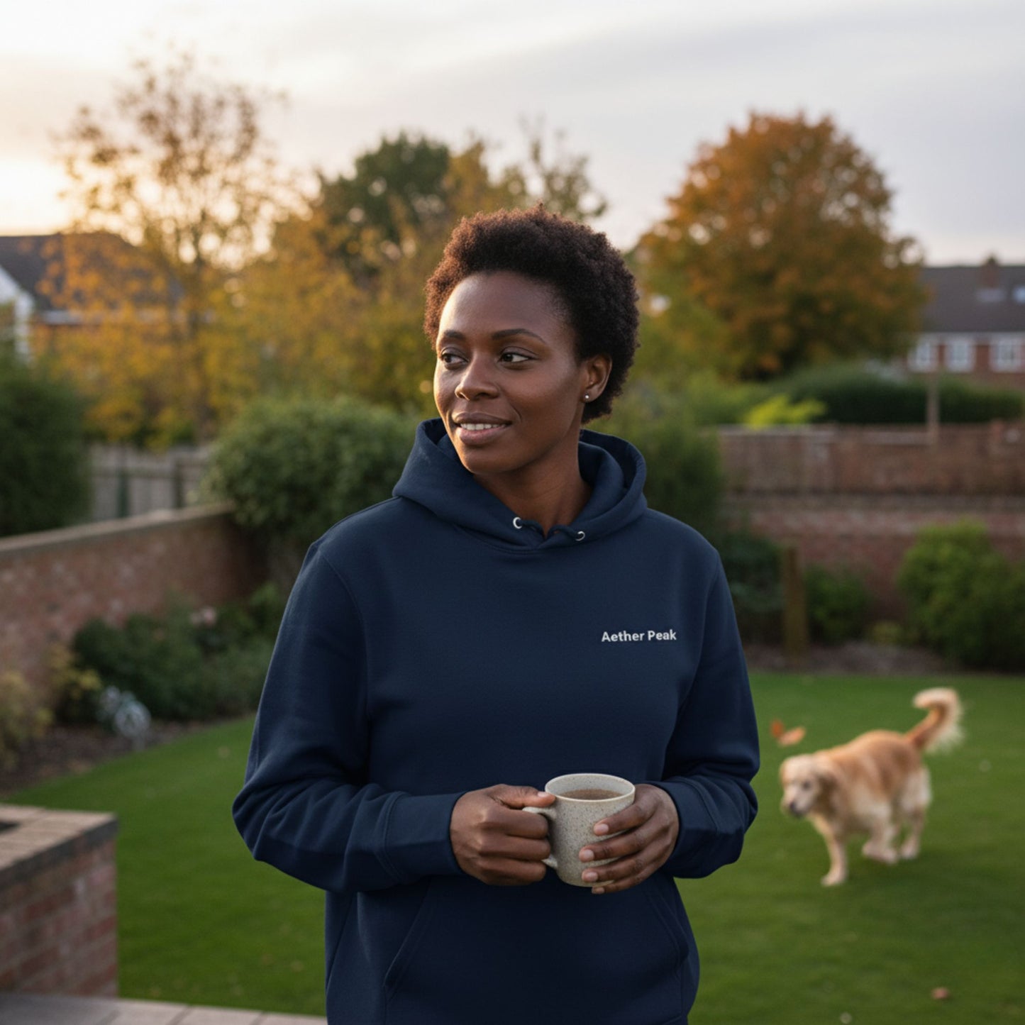 A lady wearing a French Navy hoodie with 'Arthur Peak' branding, holding a mug outdoors with a dog in the background.