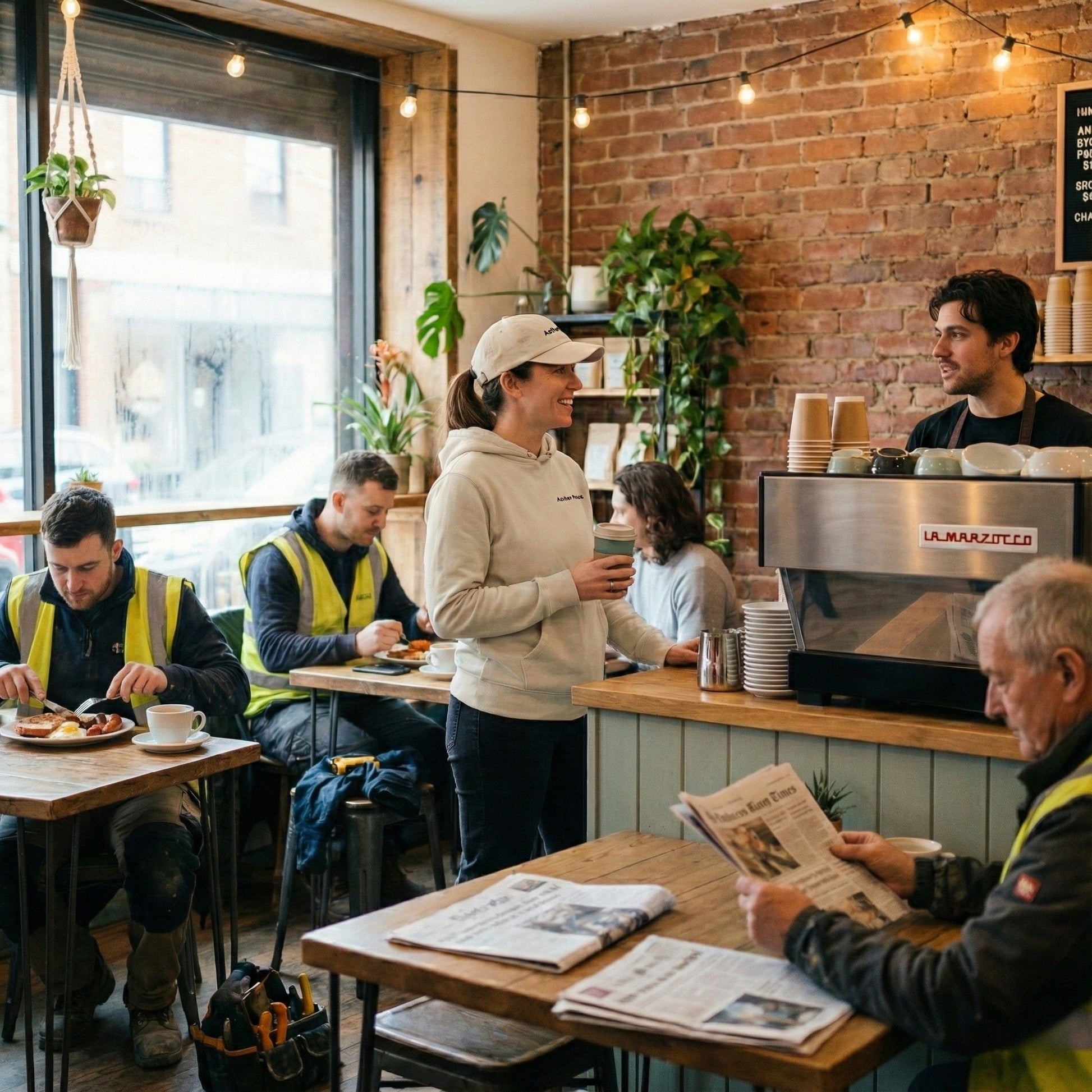 A woman wearing an Aether Peak Desert Dust cap and cream sweatshirt is talking to a barista in a cosy brick-walled café.