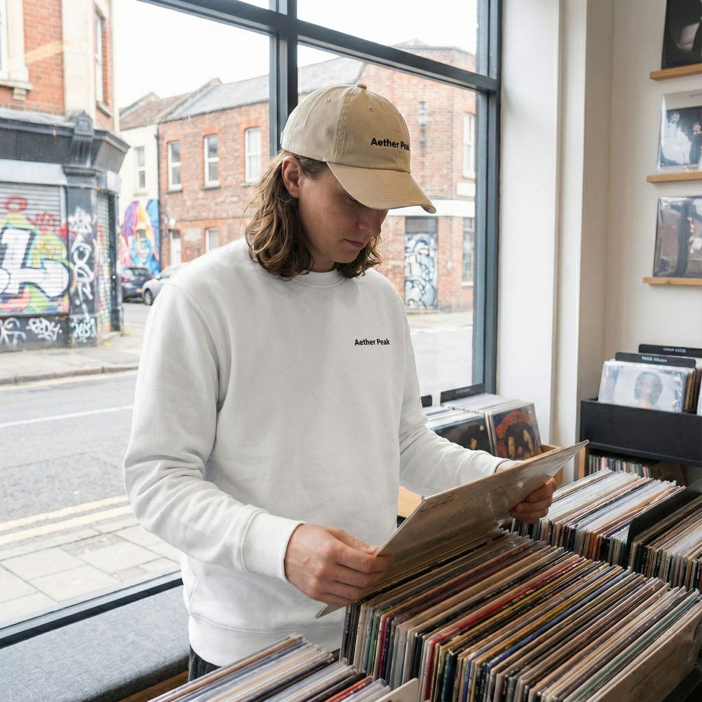 A man browsing vinyl records wearing an Aether Peak organic cap and a white sweatshirt by a record shop window.