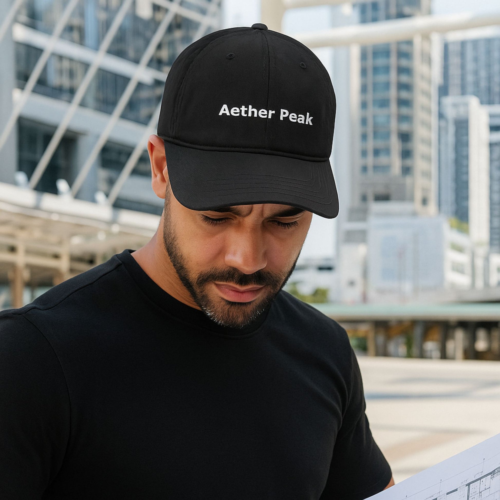 Man wearing a black cap with 'Aether Peak' text, standing in an urban setting.