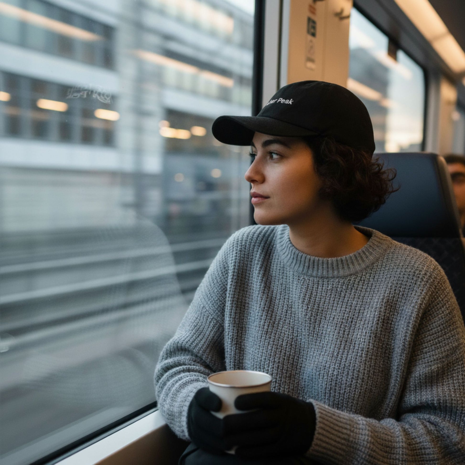 A woman wearing a grey jumper and a black Aether Peak cap is sitting on a train looking out the window, holding a cup.