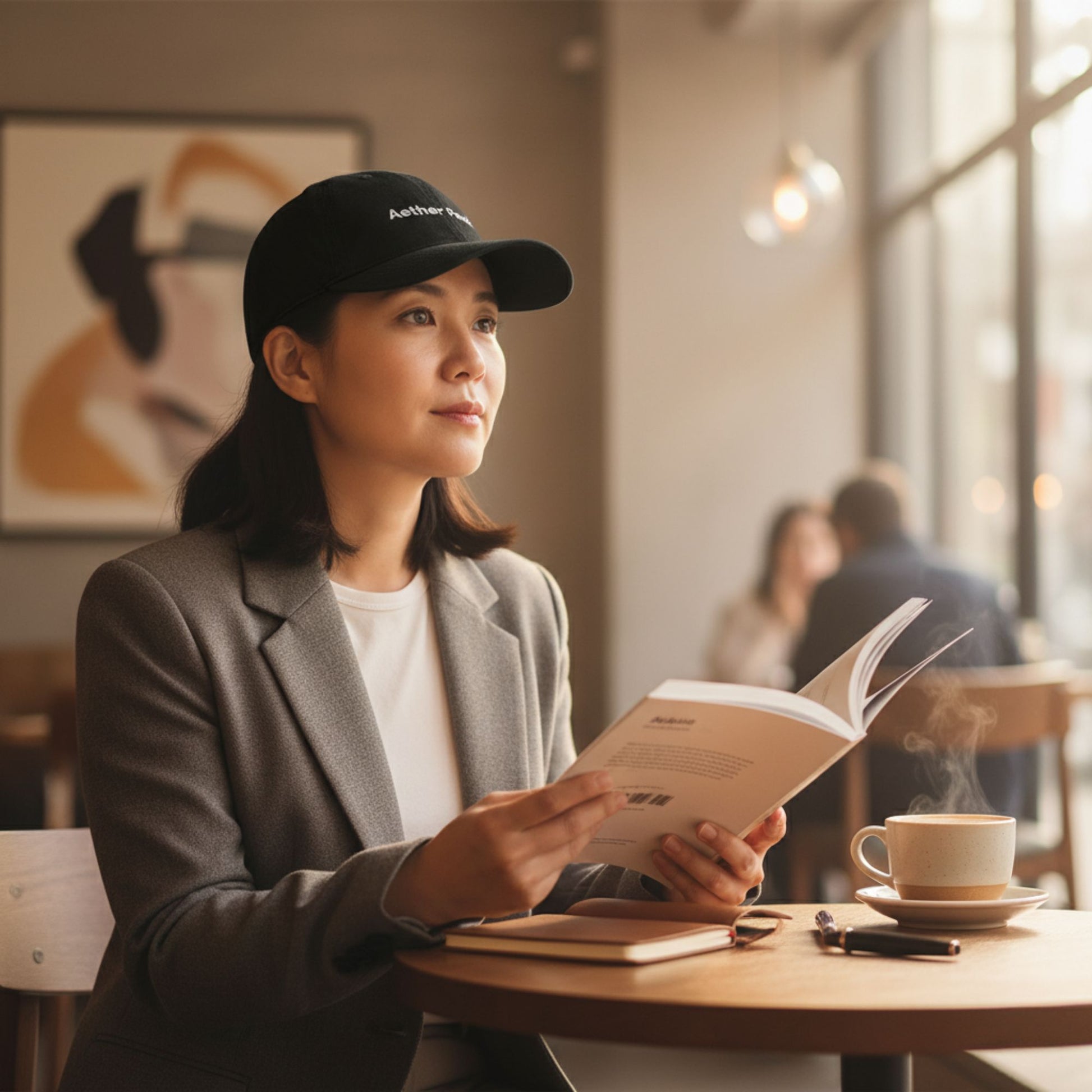 A Woman wearing a black Aether Peak cap is reading a book in a cafe with a cup of coffee on the table.