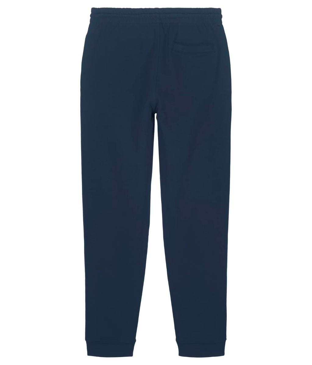 French Navy organic cotton joggers on a white background