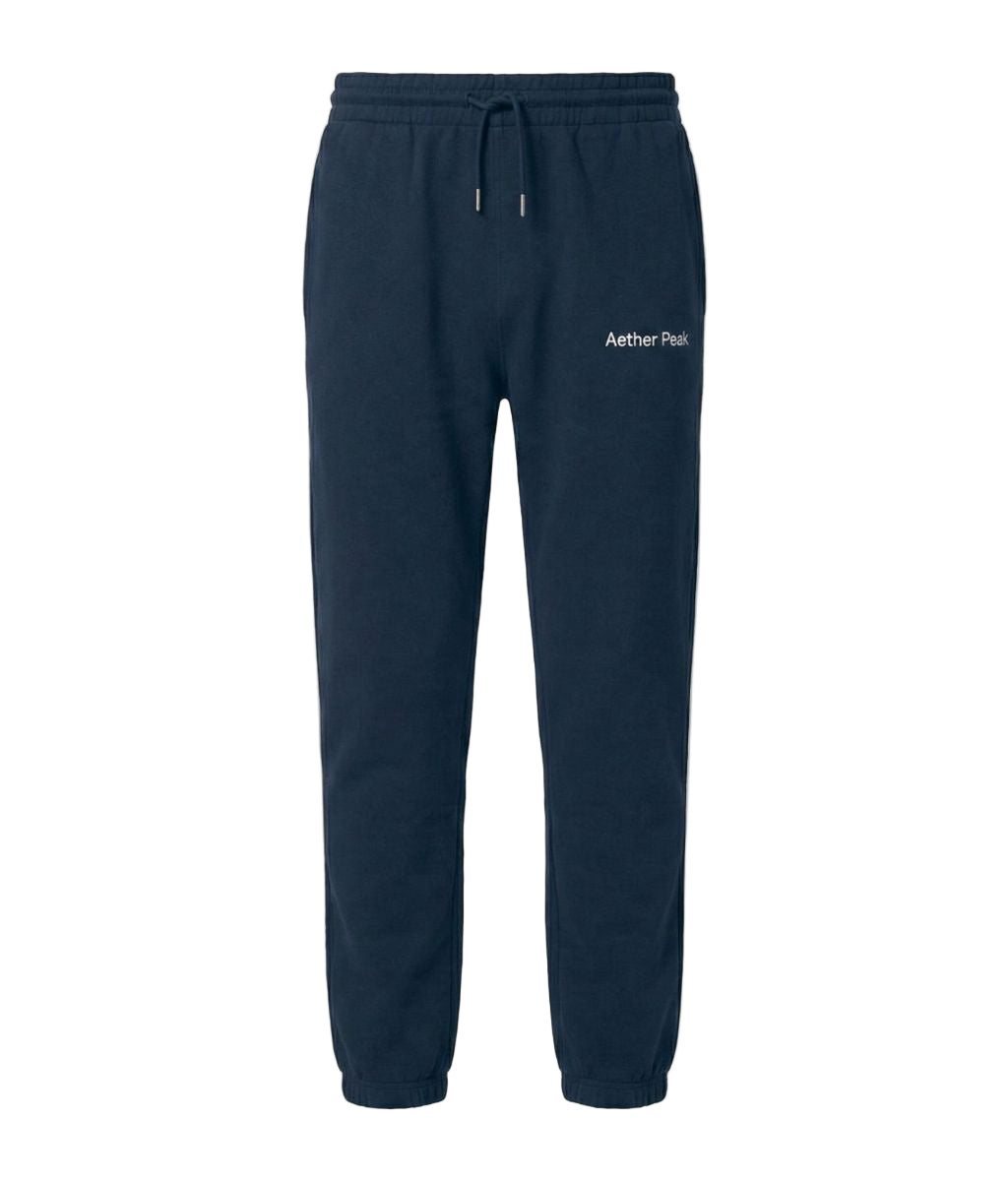French Navy blue joggers with the Aether Peak logo on a white background