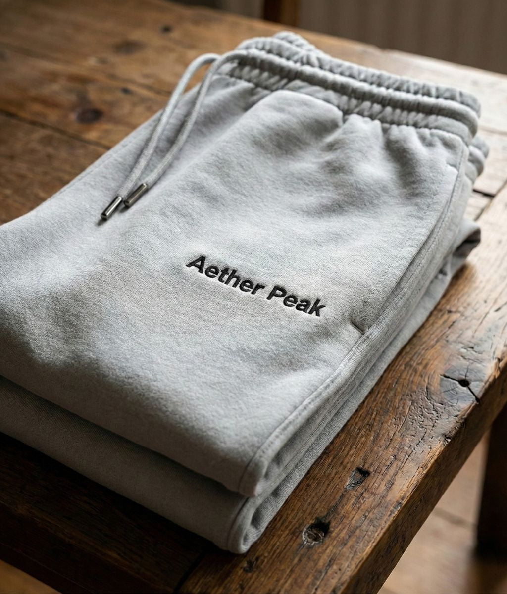 A pair of Aether Peak Heather Grey joggers lying folded on a wooden table.