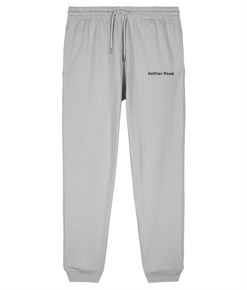 Heather Grey joggers with 'Aether Peak' logo on a white background