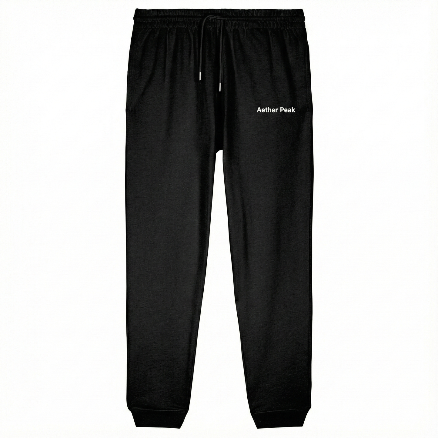 Black 350gsm organic cotton joggers with 'Aether Peak' branding on a white background