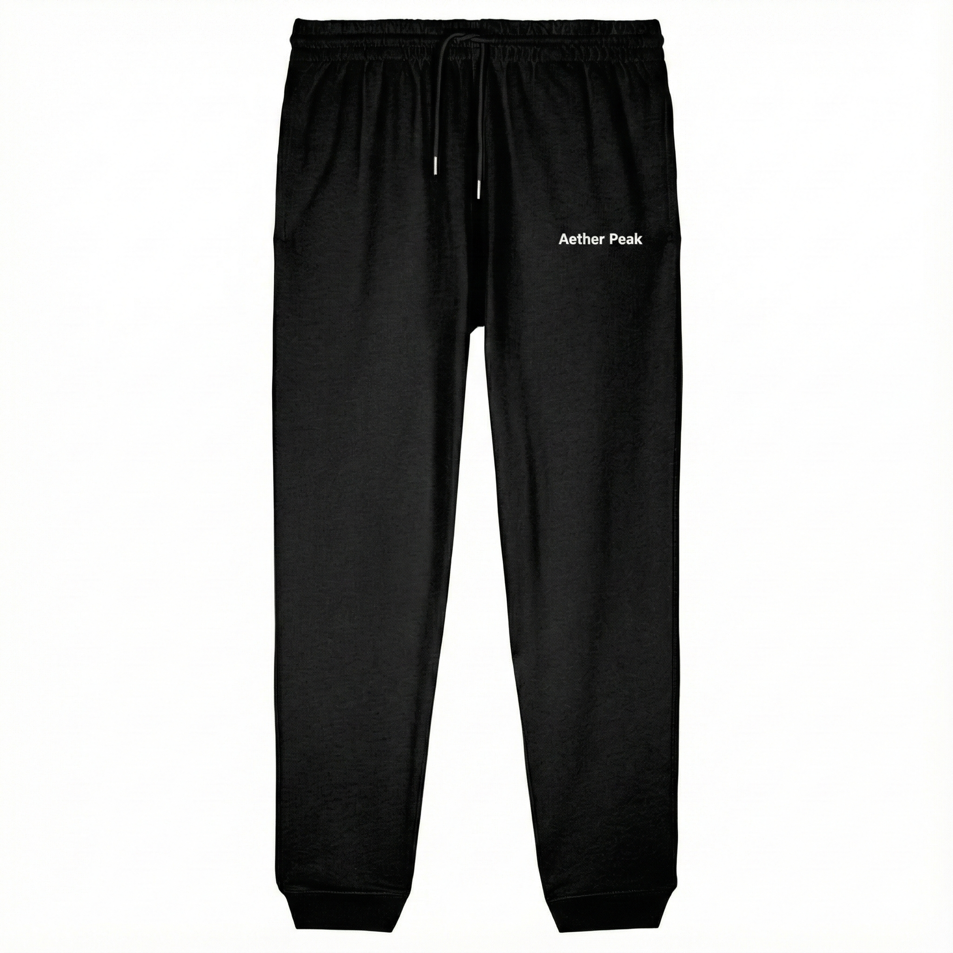 Black 350gsm organic cotton joggers with 'Aether Peak' branding on a white background