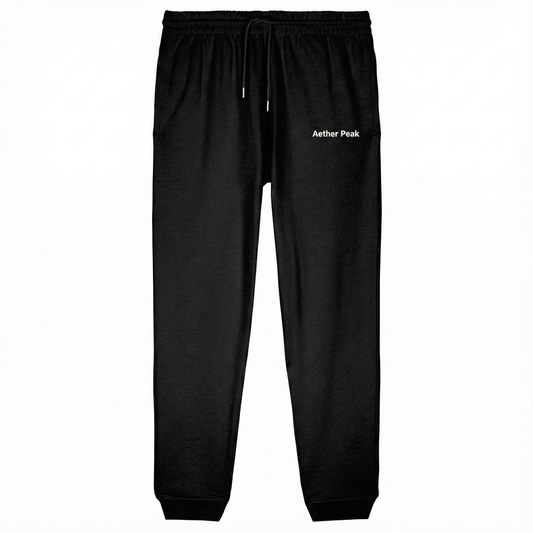 Black 350gsm organic cotton joggers with 'Aether Peak' branding on a white background