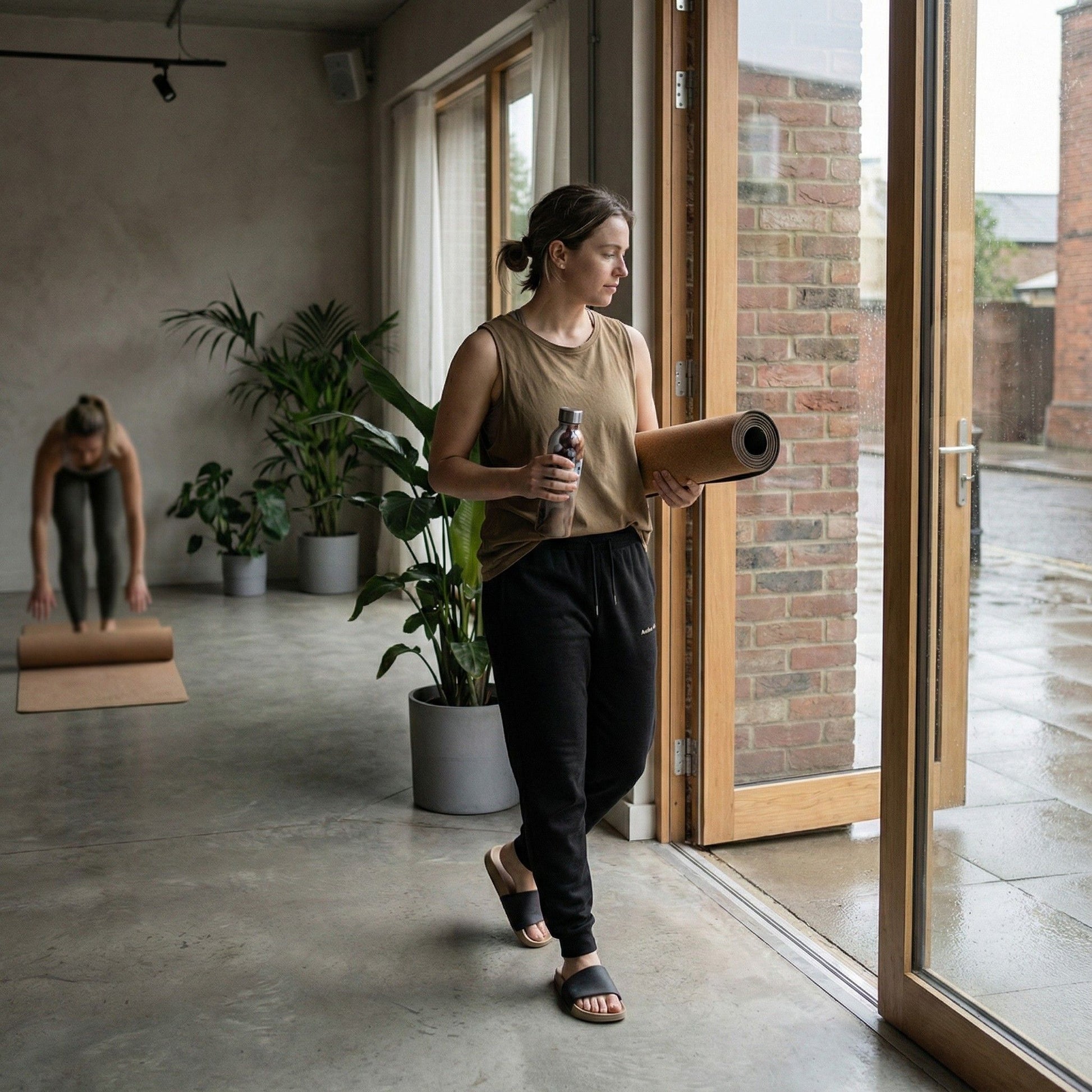 A woman in a calm studio space walking with a yoga mat, wearing black Aether Peak organic cotton joggers.