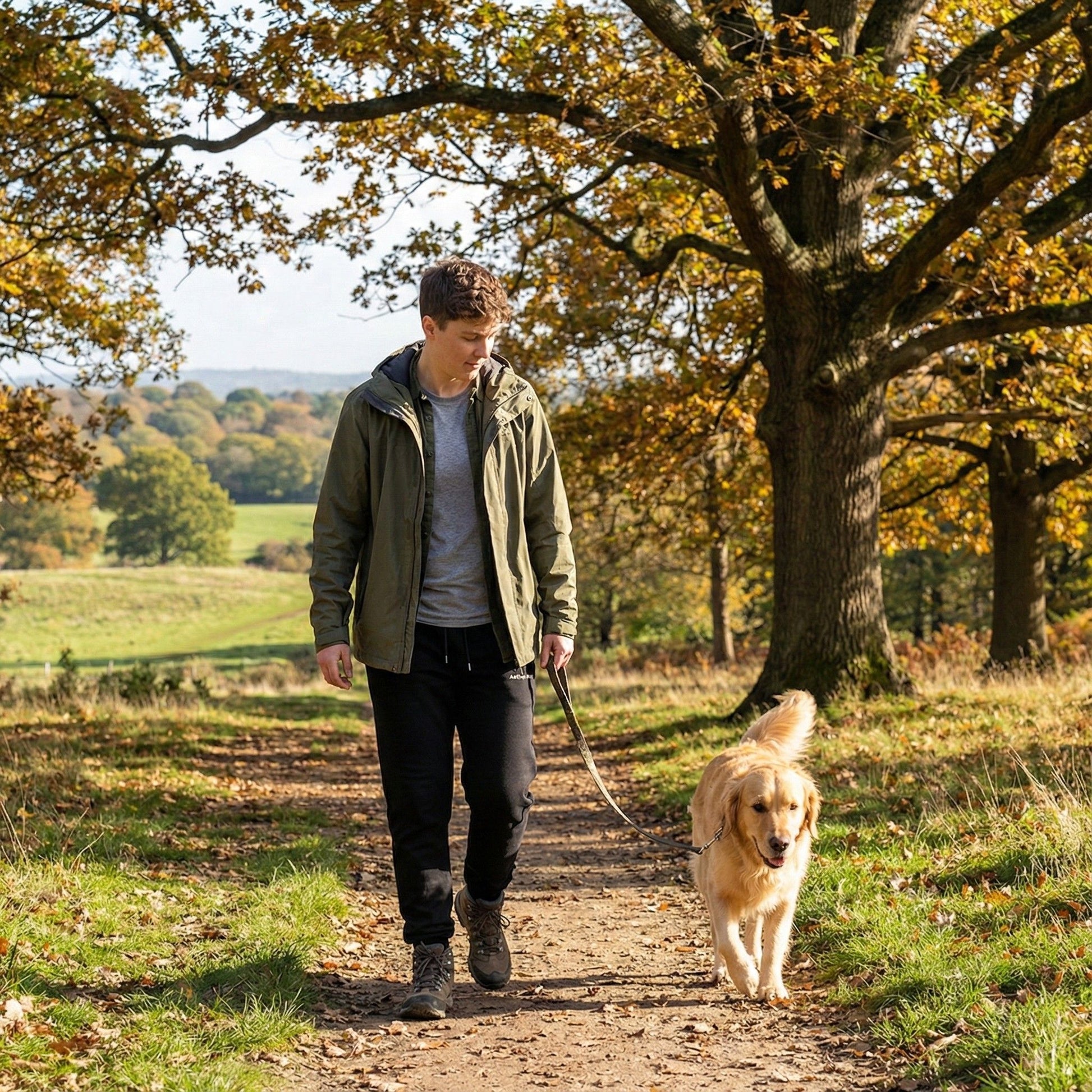 A man walking his dog on a woodland path wearing black Aether Peak joggers.