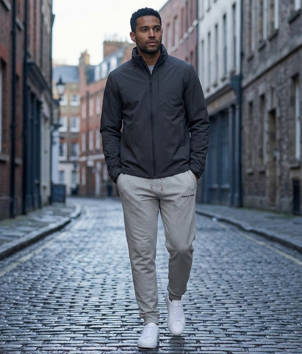A man wearing a dark grey jacket and heather grey Aether Peak joggers walking down a cobblestone street.