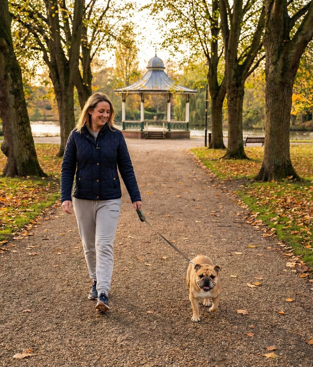 A woman wearing a dark jacket and Heather Grey Aether Peak joggers is walking a dog in a park with a gazebo in the background