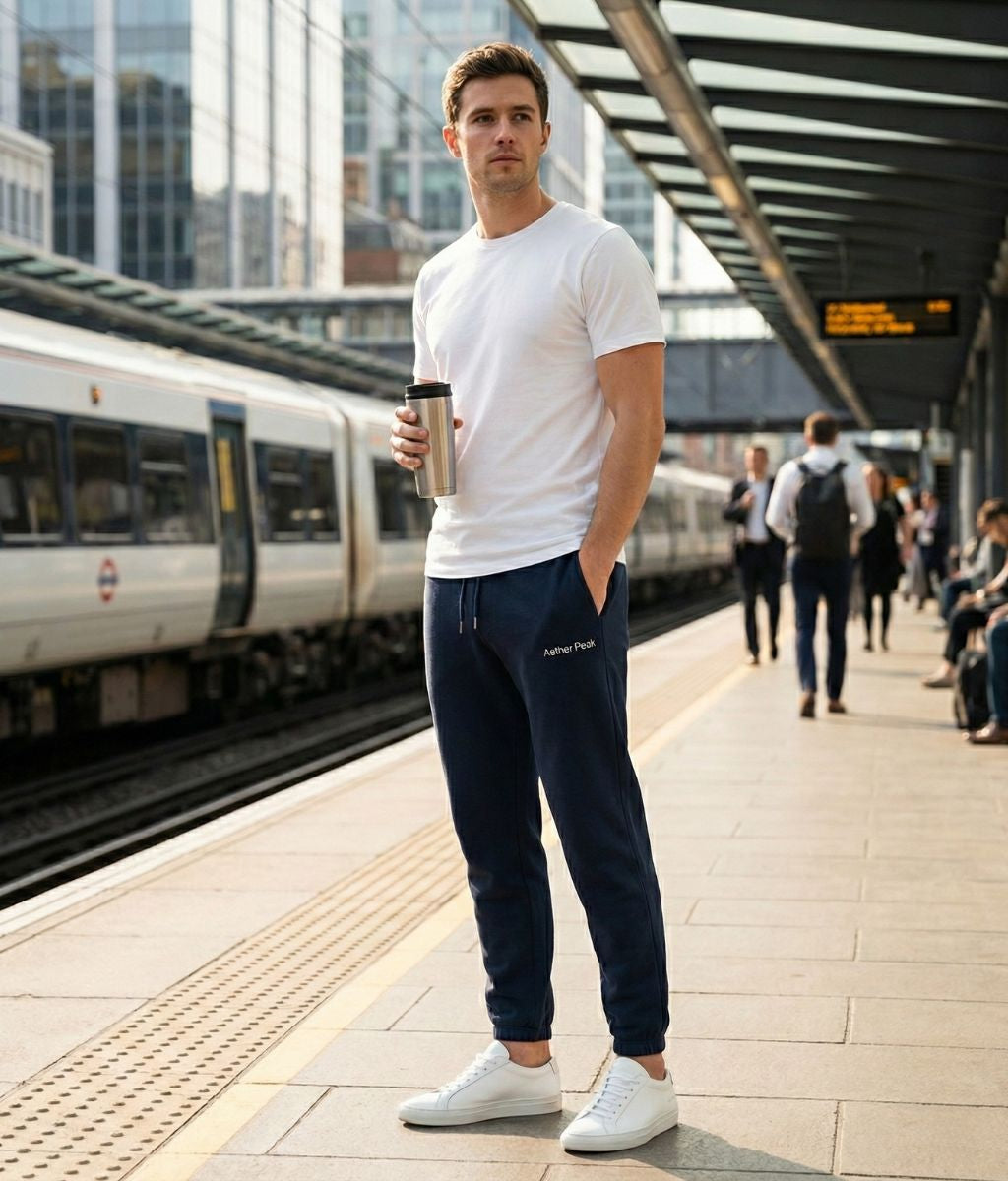 A man in French Navy Aether Peak organic joggers standing on a city train platform holding a coffee.