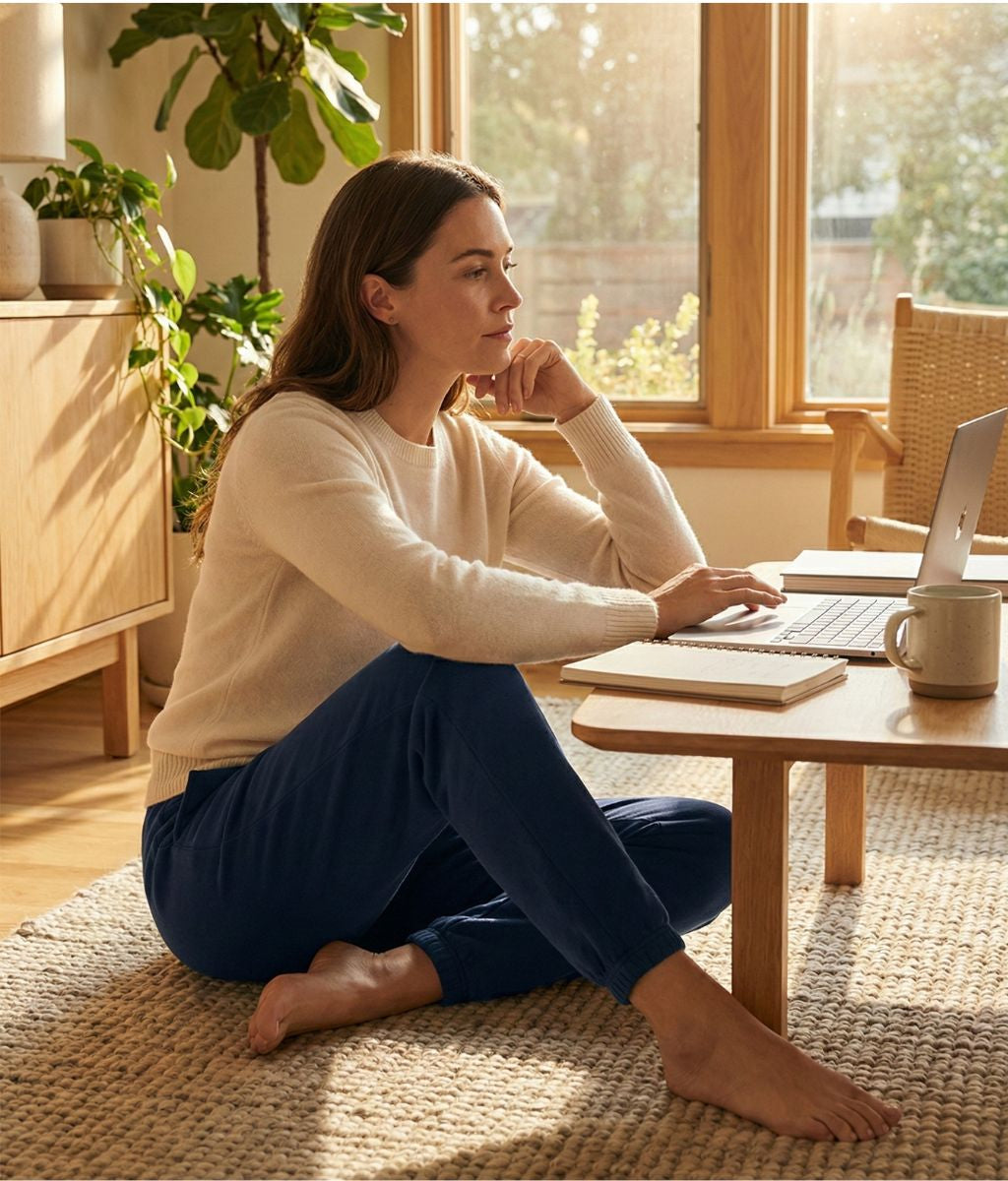 Woman sitting on the floor using a laptop in a bright room with plants and a table.