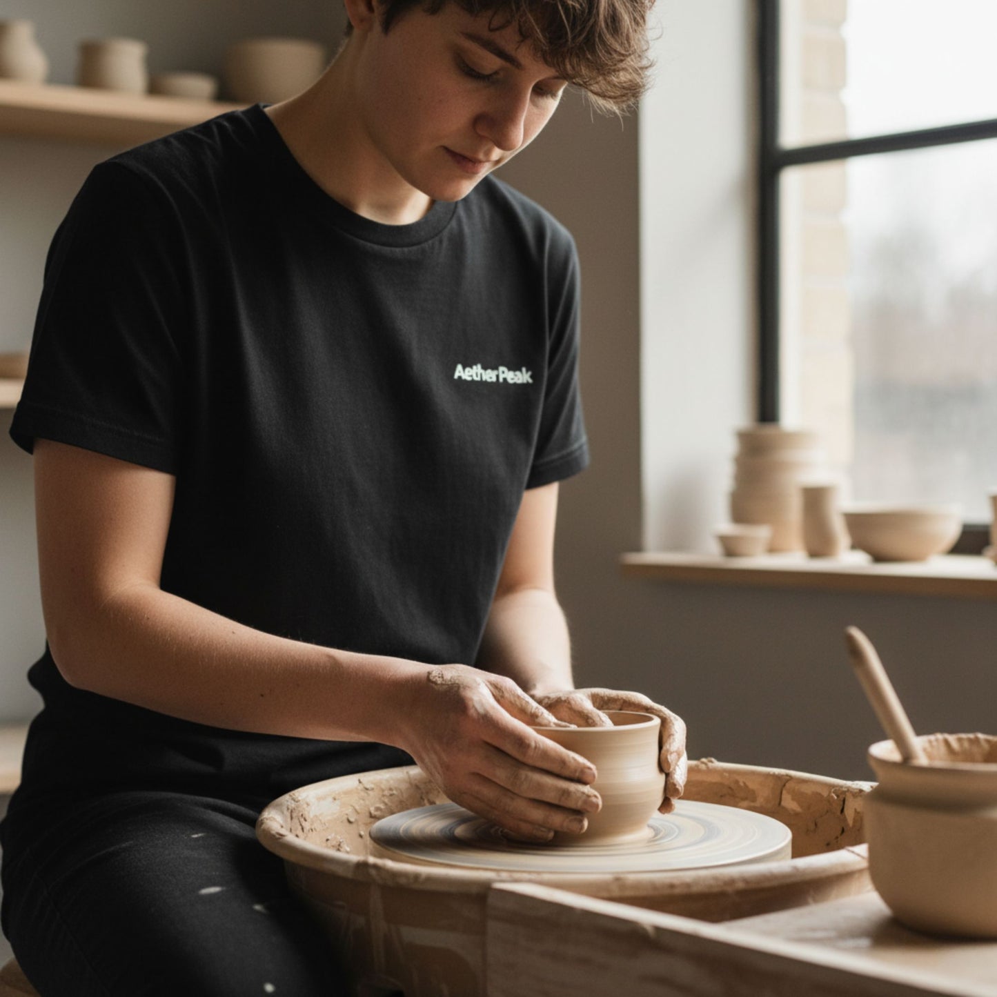 A woman wearing the black Aether Peak Zenith t-shirt is working with clay on a pottery wheel in a studio setting