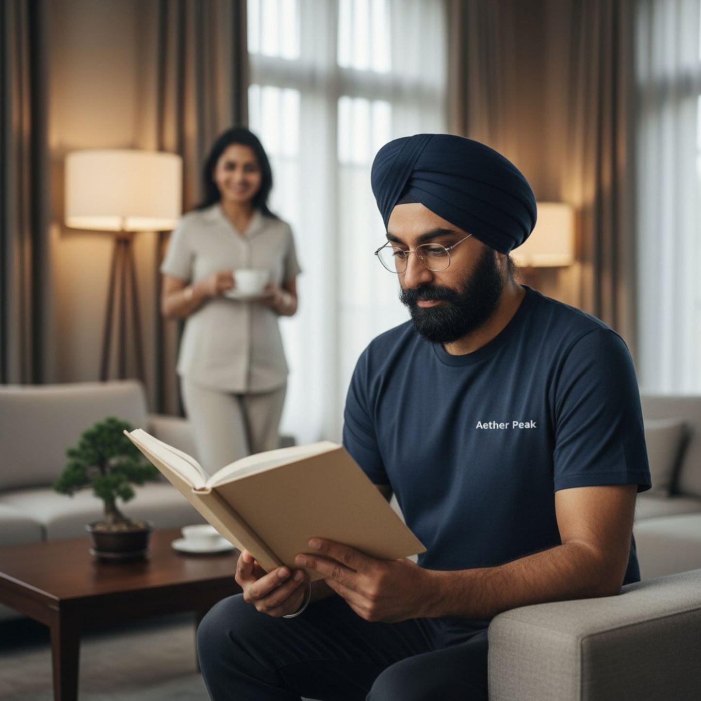 A man wearing the French Navy Aether Peak Zenith t-shirt is reading a book in a living room with a woman in the background.
