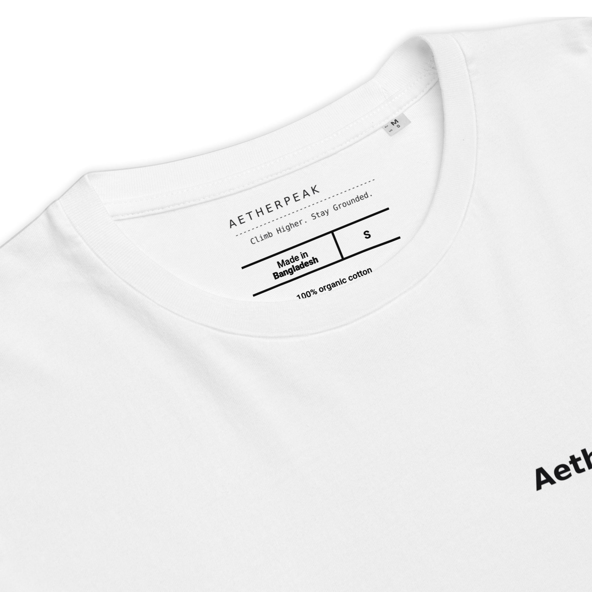 White t-shirt with Aetherpeak branding and text on a white background
