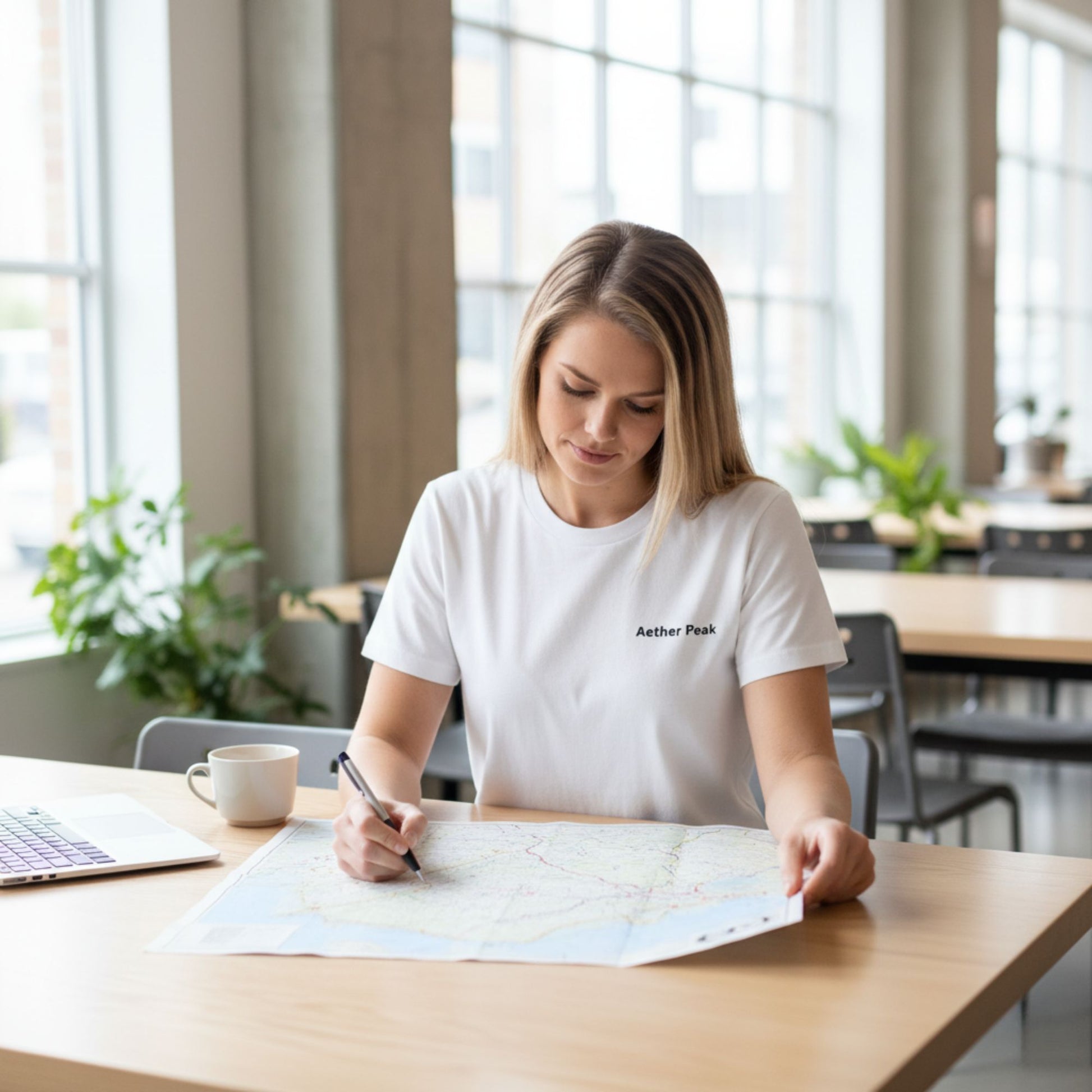 A woman wearing the white Aether Peak Zenith t-shirt sits at a desk in a bright room, working on a map.