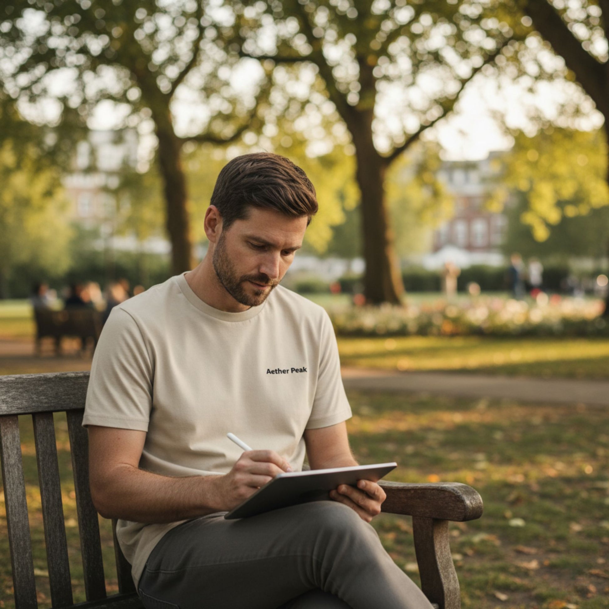 A man wearing the Desert Dust Aether Peak Zenith t-shirt is sitting on a bench in a park, writing on a tablet.
