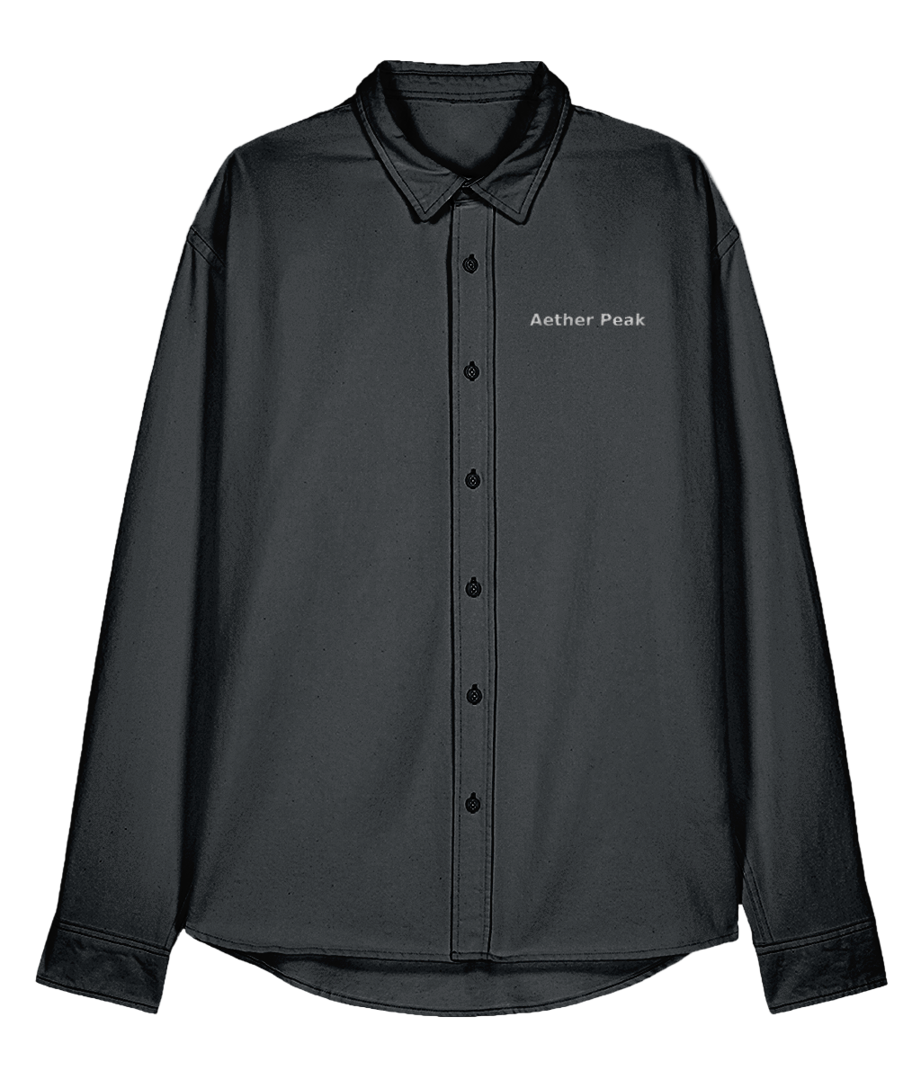 Black button-up overshirt with 'Aether Peak' logo on a white background