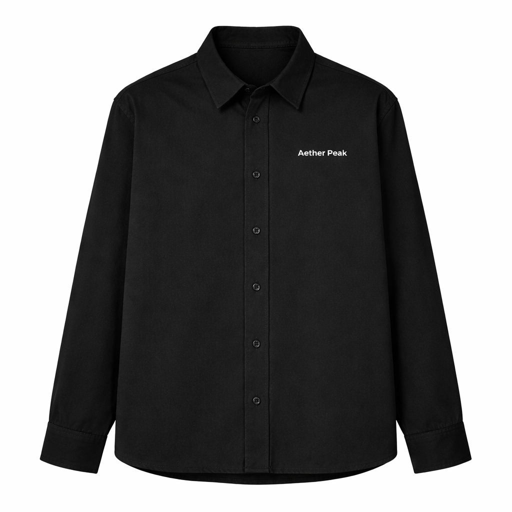 Black button-up overshirt with 'Aether Peak' logo on a white background