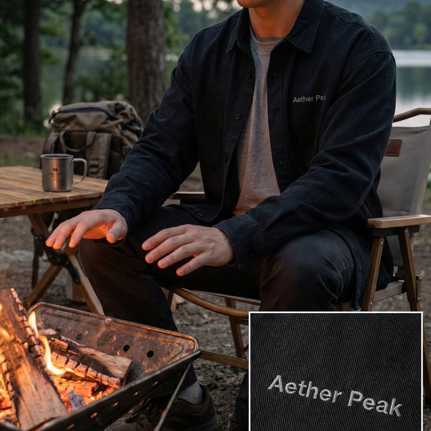 Person sitting by a campfire with 'Aether Peak' branding on black overshirt.