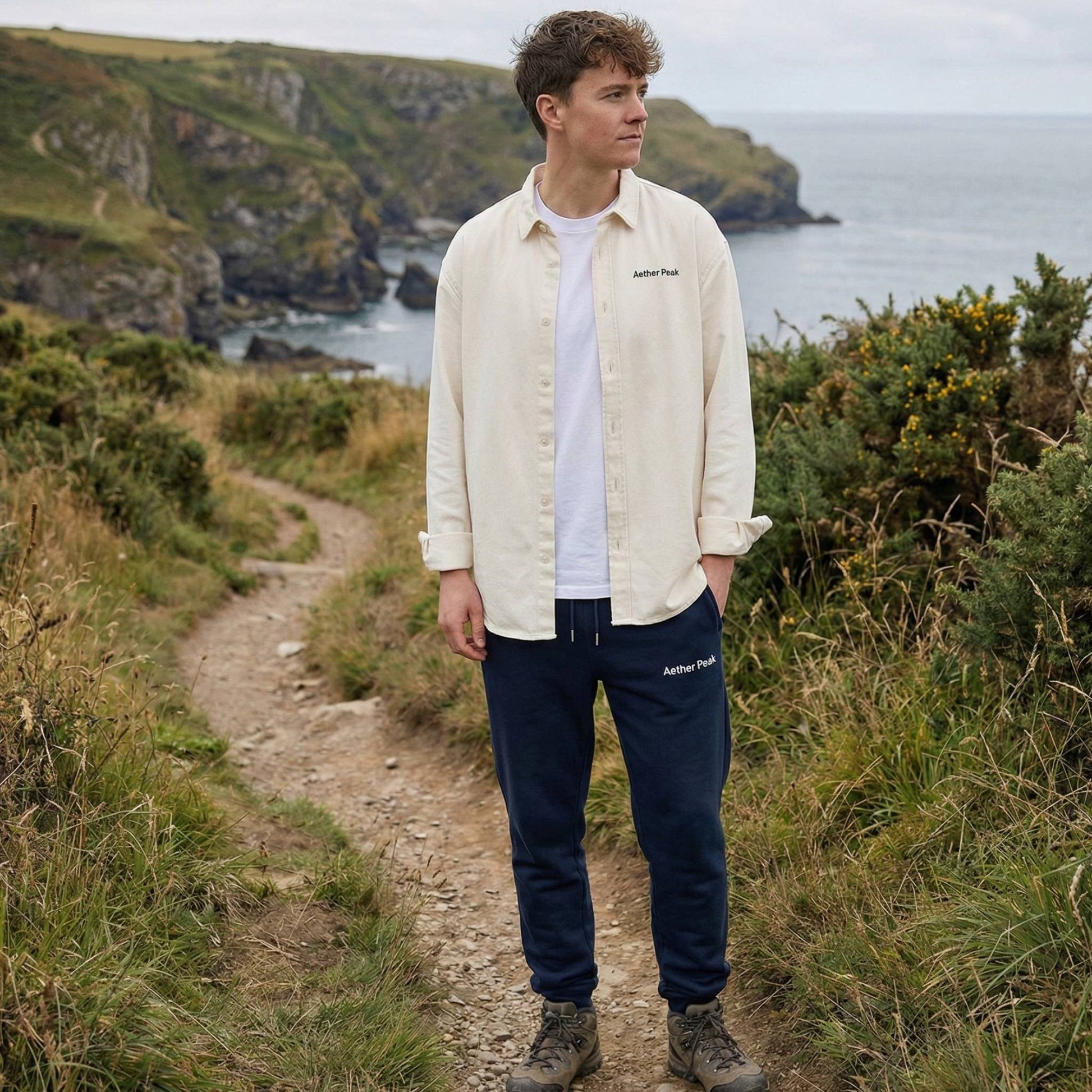 A man standing on a coastal path wearing the Desert Dust Overshirt and French Navy joggers with ocean and cliffs in the background