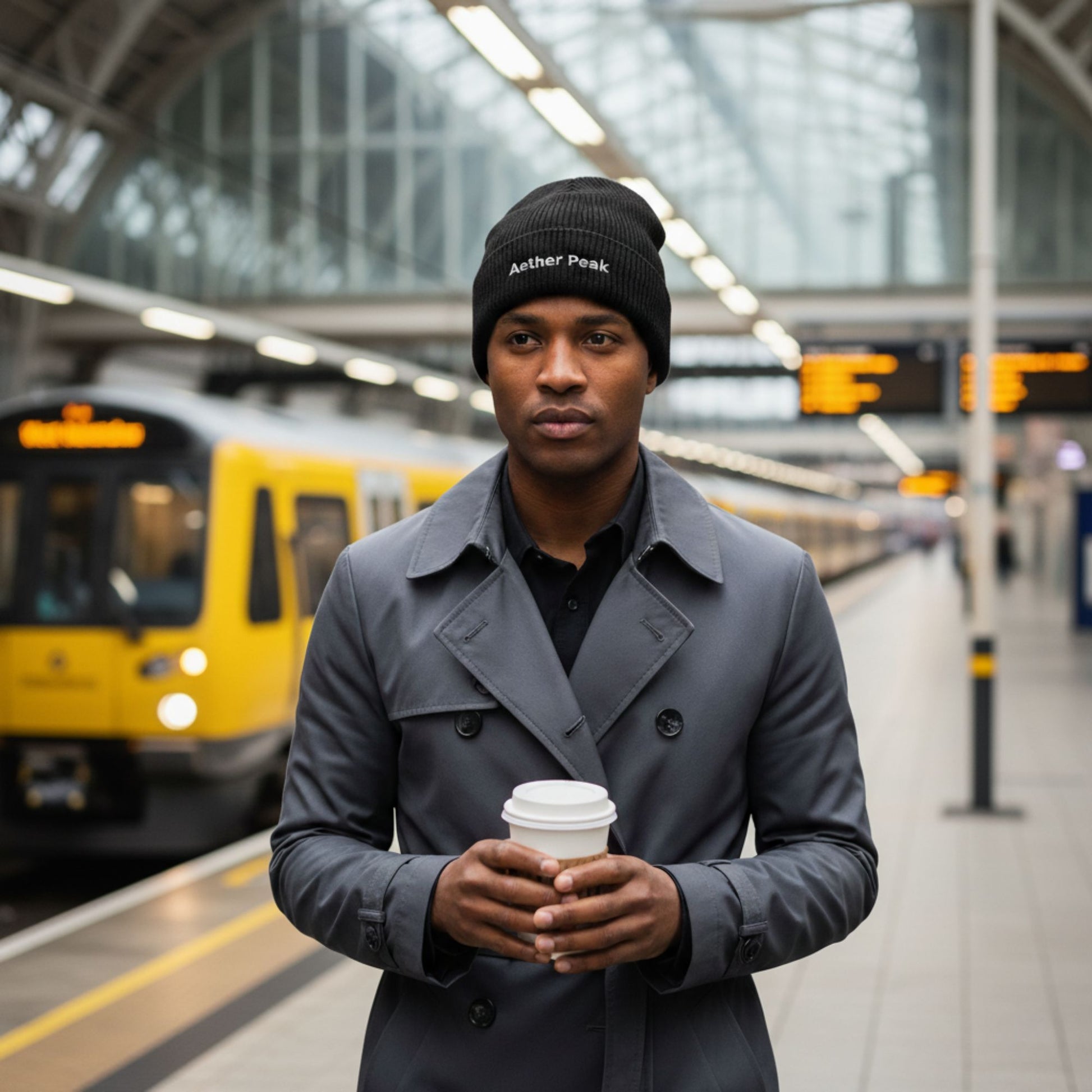 A man wearing a black Aether Peak beanie holding a coffee cup in a train station with a yellow train in the background