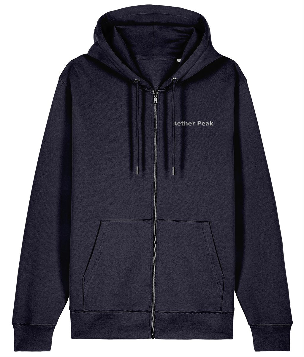 French Navy zipped hoodie with 'Aether Peak' logo embroidery  on a white background