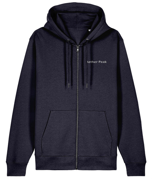 French Navy zipped hoodie with 'Aether Peak' logo embroidery  on a white background
