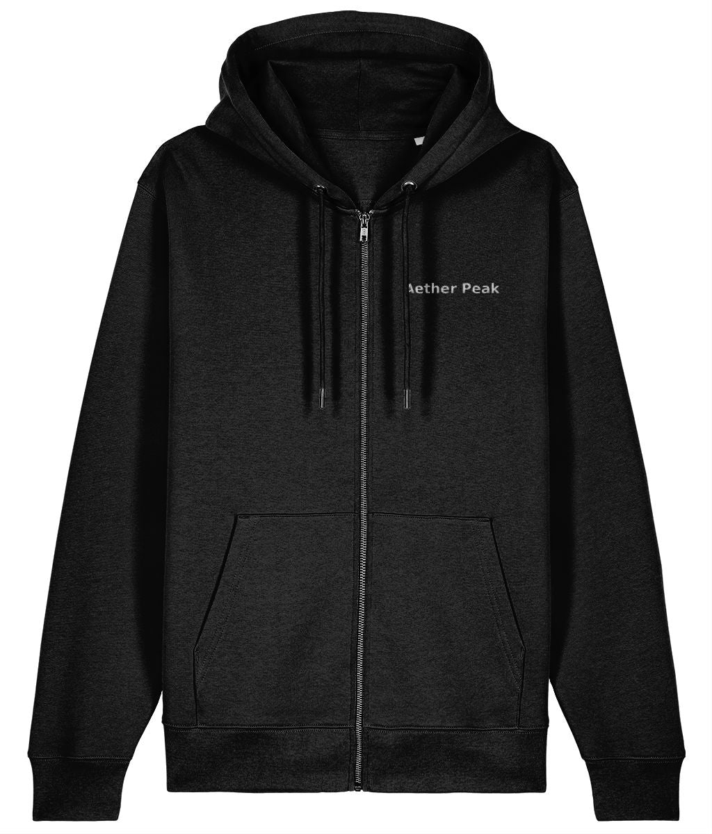 Black zipped hoodie with 'Aether Peak' logo on a white background