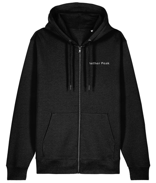 Black zipped hoodie with 'Aether Peak' logo on a white background
