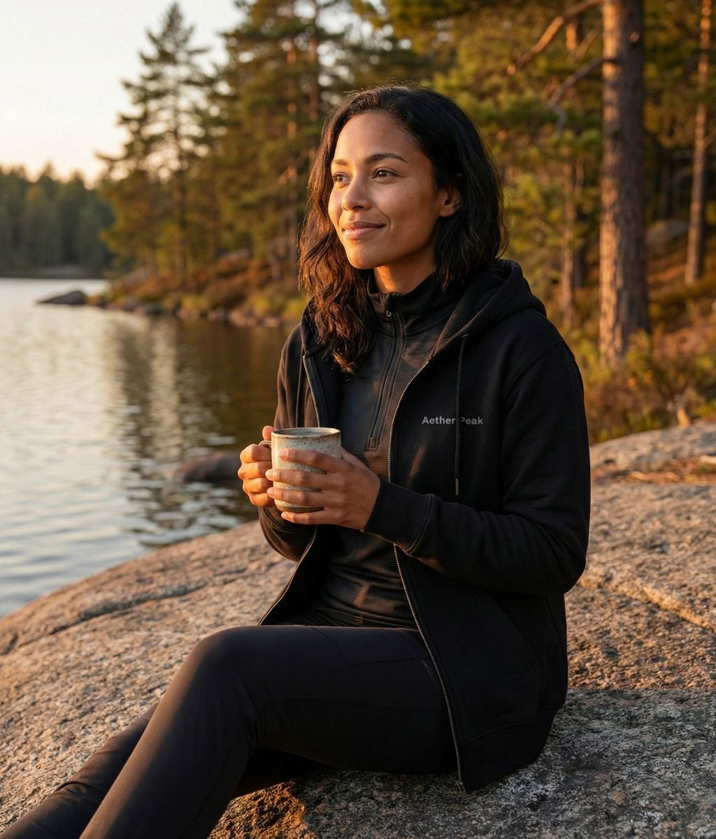 A woman sitting by a lakeside at sunset, wearing a black Aether Peak zipped hoodie.