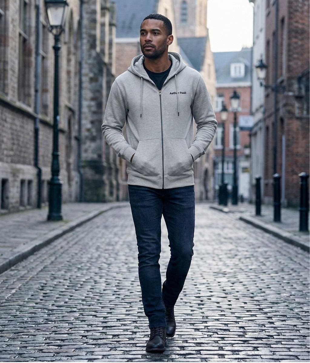 Aether Peak | The Zenith Organic Zipped Hoodie (Heather Grey)