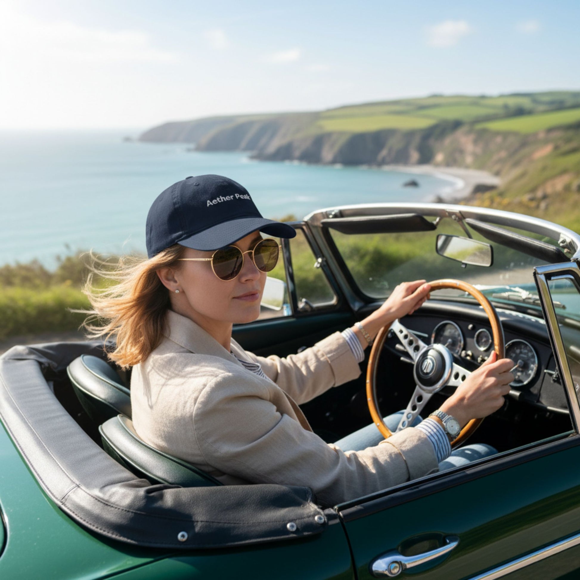 A woman driving a classic convertible by the coast, wearing a French navy Aether Peak cap.