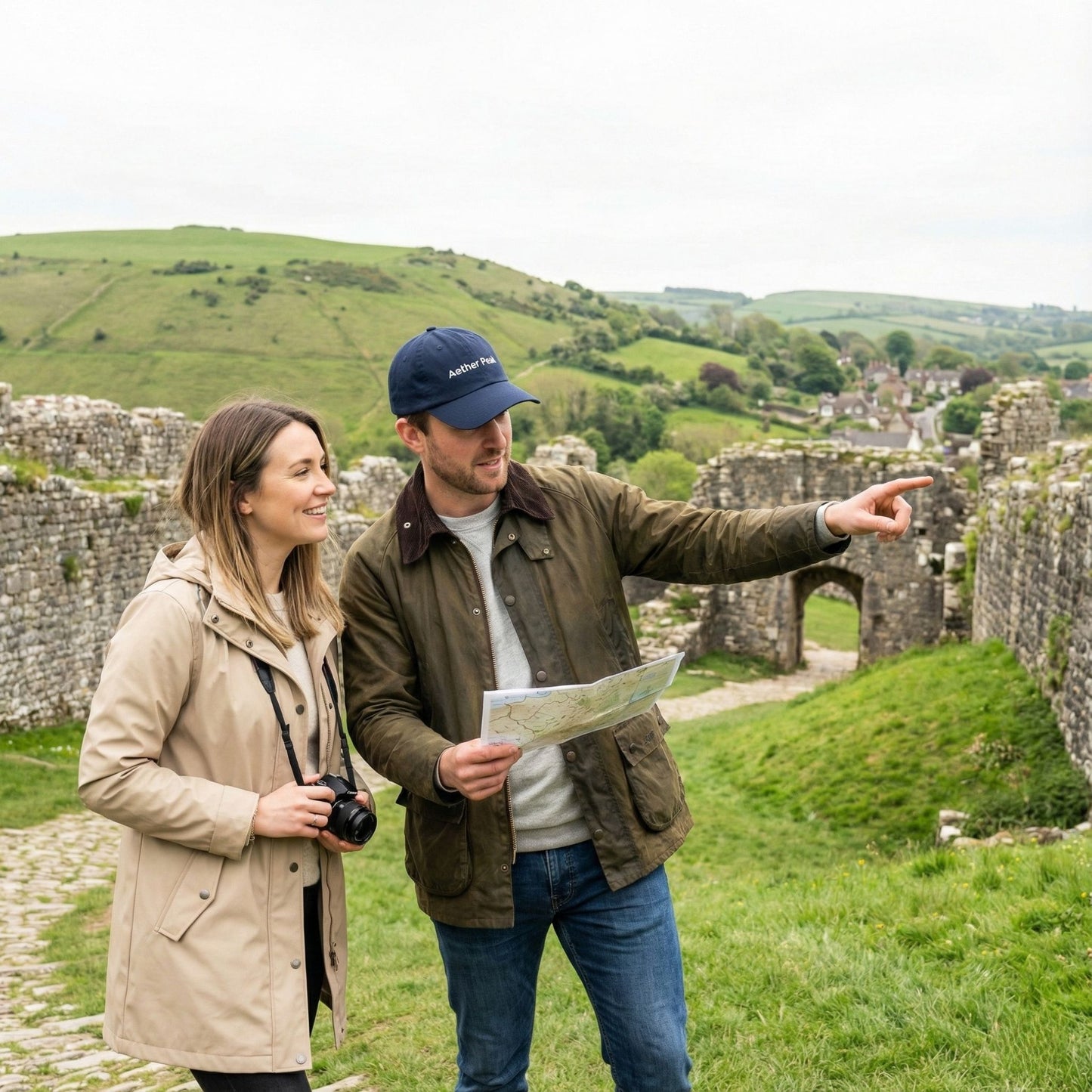 Couple exploring hilltop ruins, man wearing an Aether Peak French navy organic cap and holding a map.