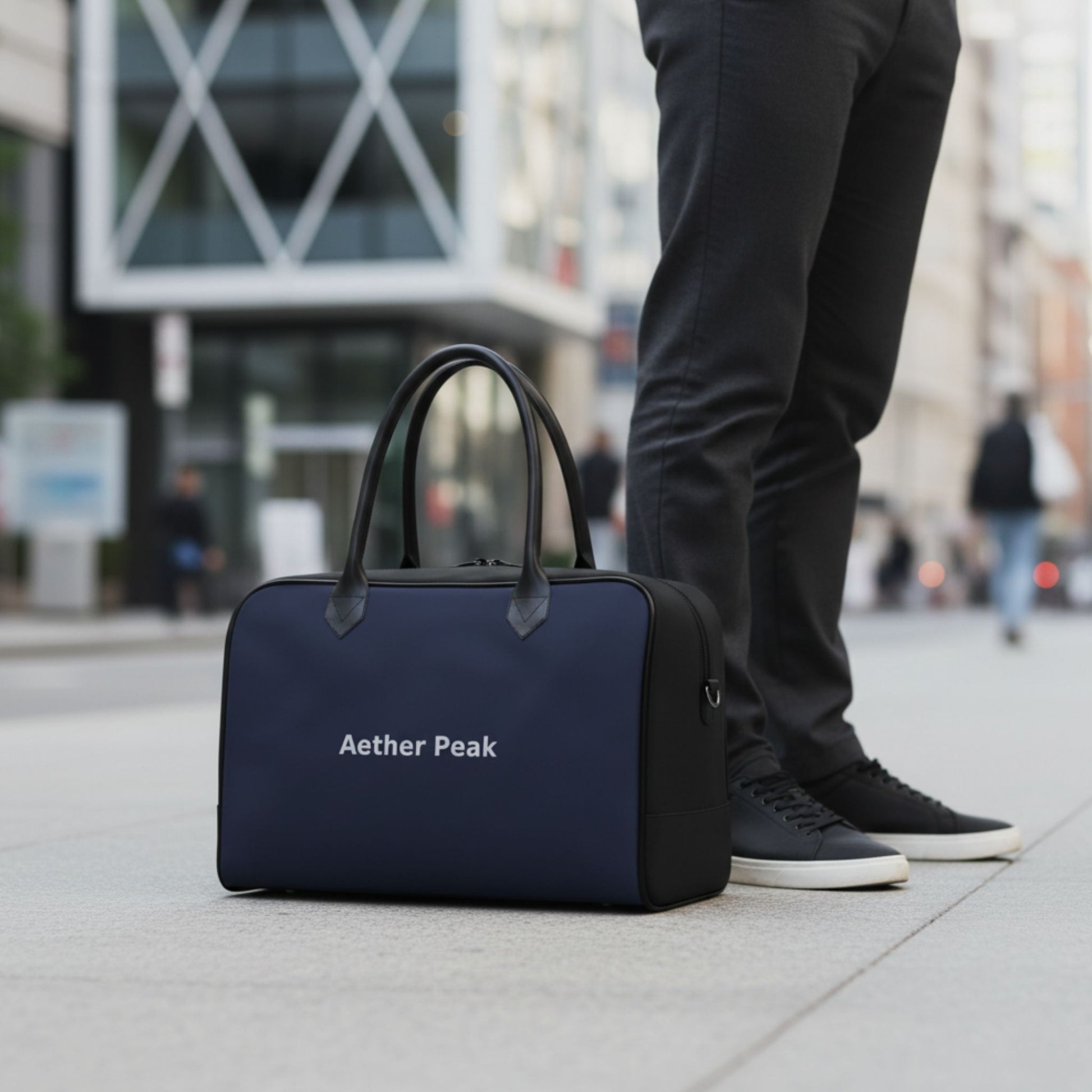 French Navy canvas holdall with 'Aether Peak' branding on a city street.