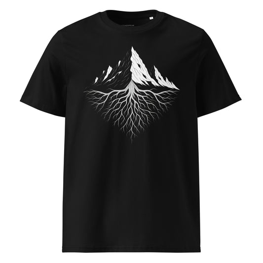 Black Aether Peak organic cotton t-shirt with white mountain and root design on a white background
