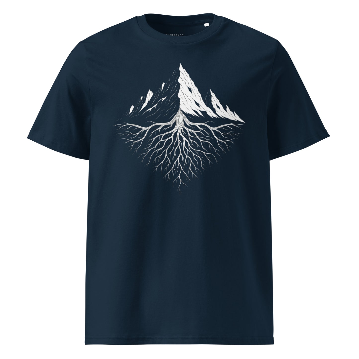 French Navy organic cotton t-shirt with a white mountain and root design on a white background