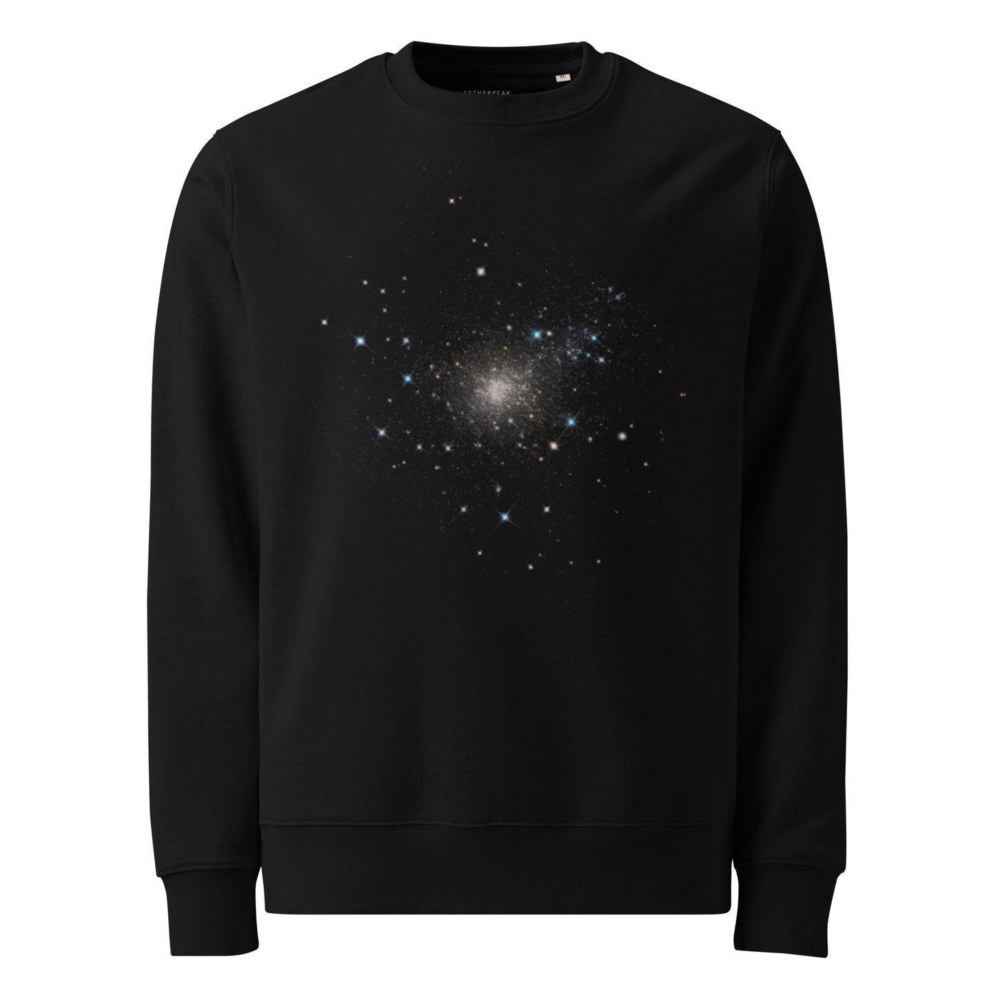 Black organic cotton  sweatshirt with the starry sky print on a white background