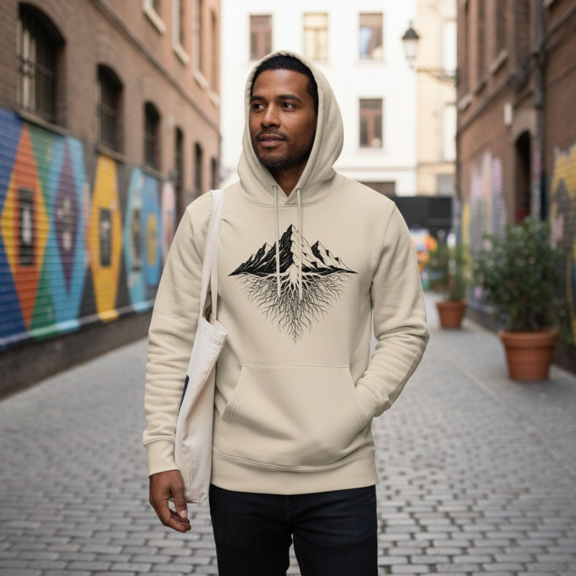 Man wearing a beige hoodie with a Mountain Roots design on a street with colorful murals.