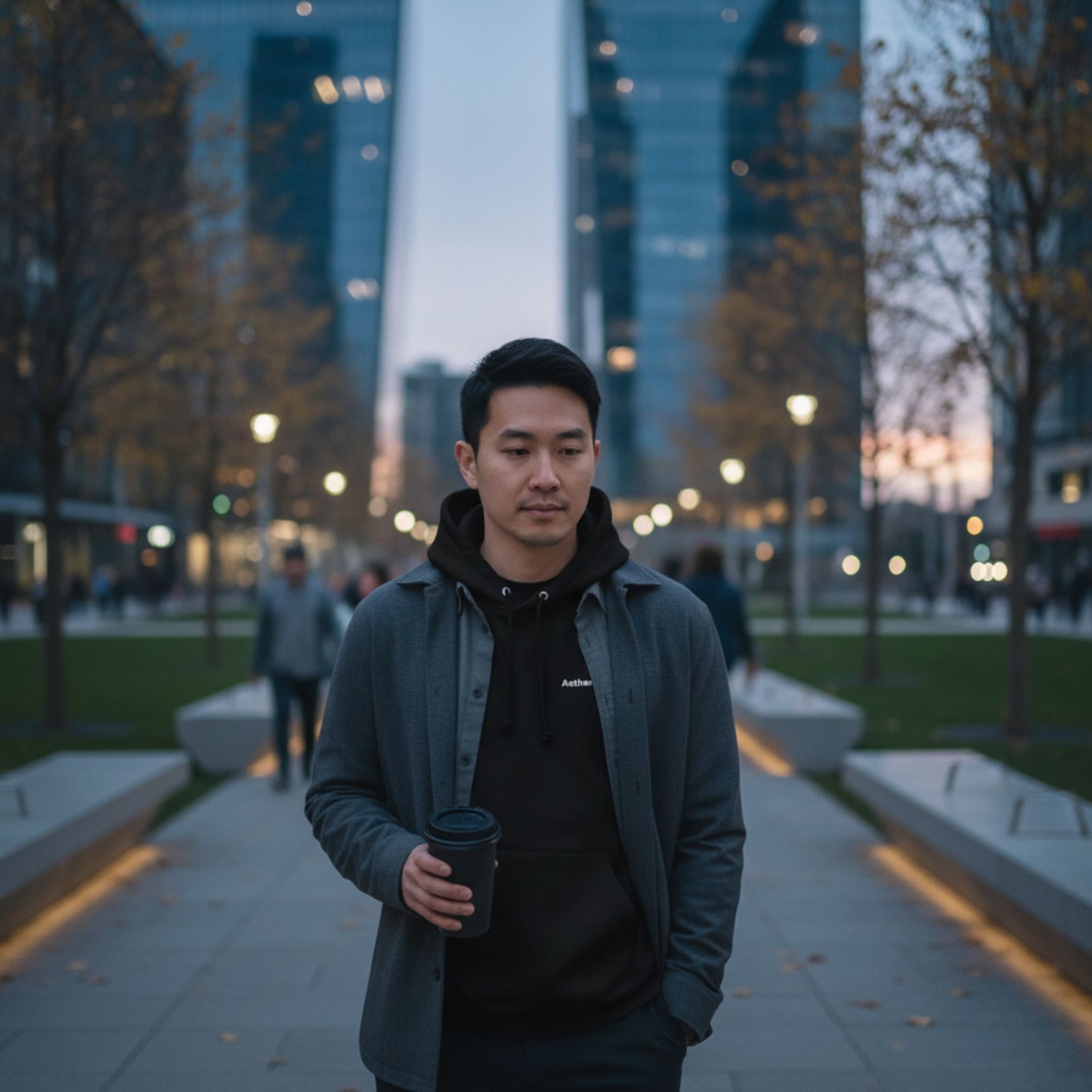Man holding a coffee cup in an urban park setting with tall buildings in the background