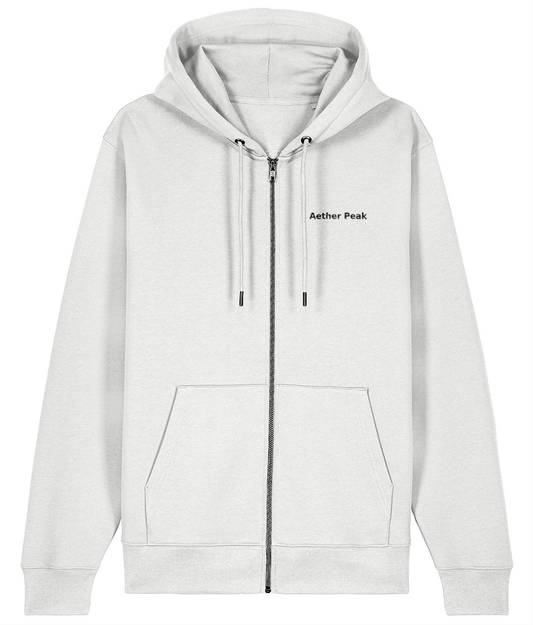 White zip-up hoodie with 'Aether Peak' branding on a white background