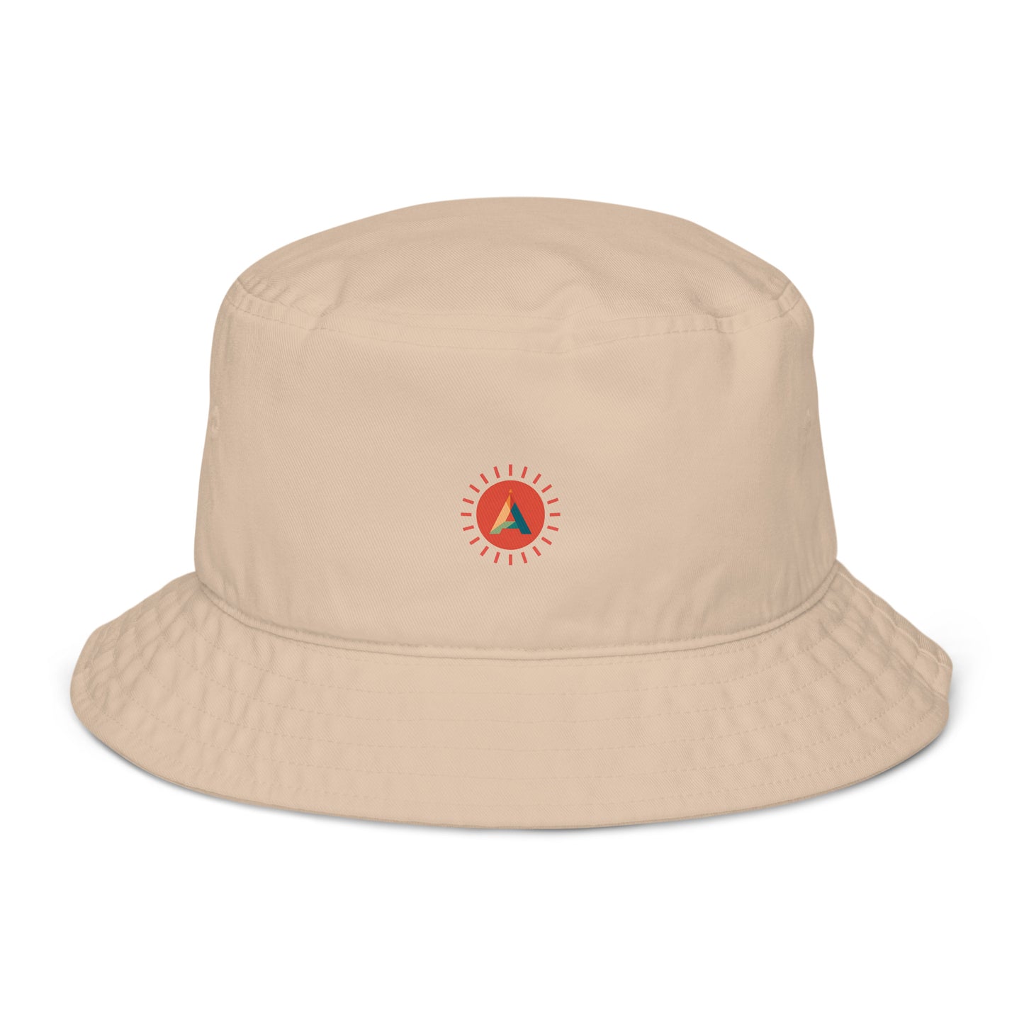 Aether Peak Desert Dust Sunburst organic cotton bucket hat on a white background.