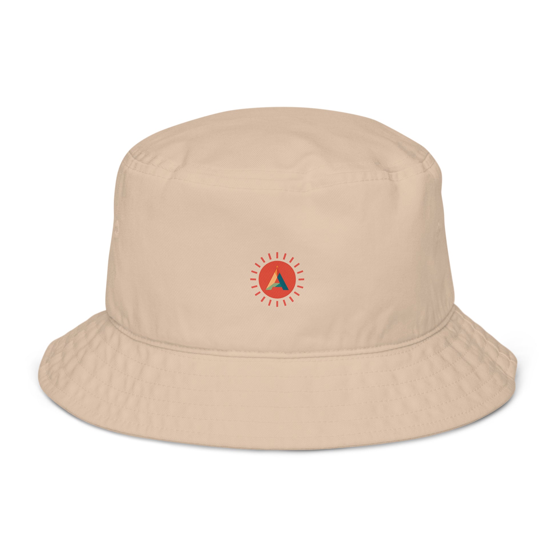 Aether Peak Desert Dust Sunburst organic cotton bucket hat on a white background.
